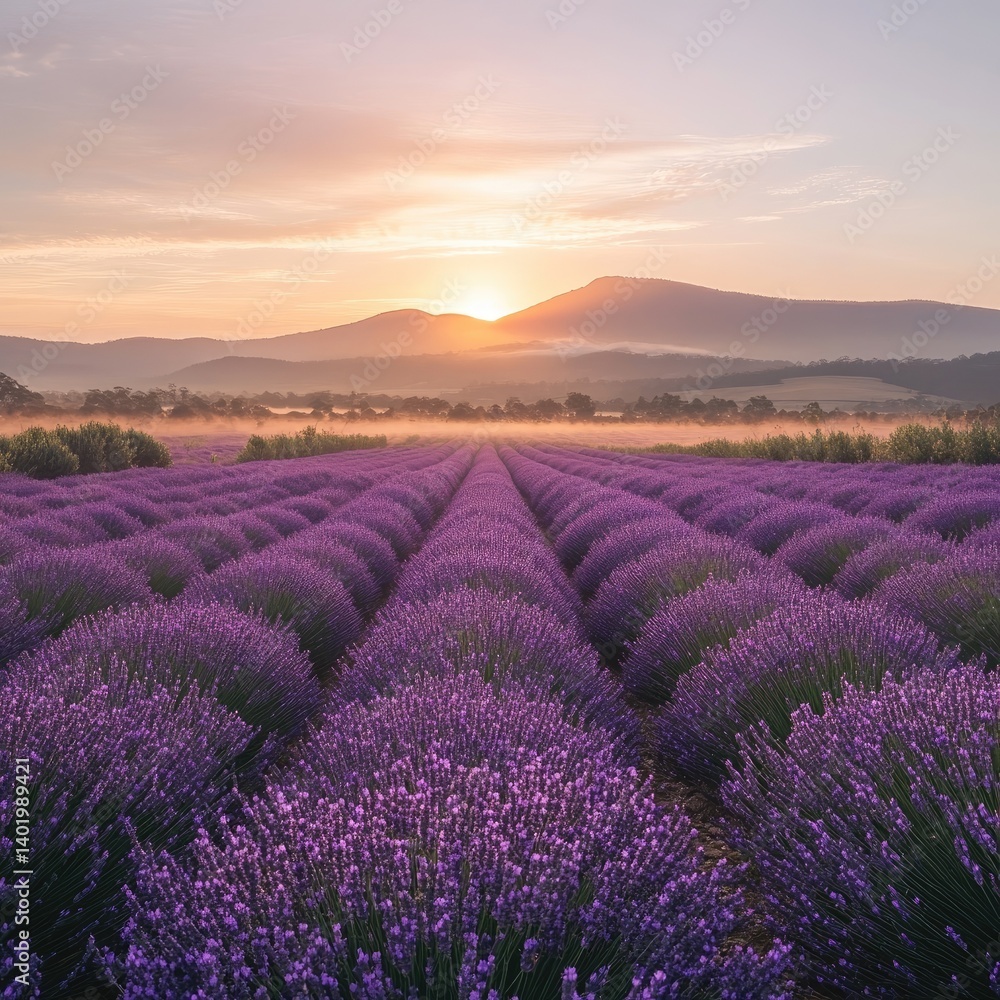 Obraz premium Sunrise over a vast lavender field. Misty mountains in the distance