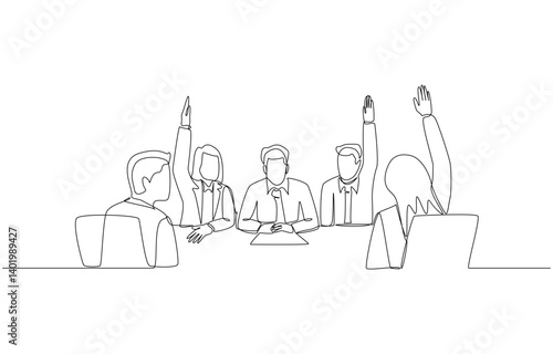 Continuous one line drawing of businesspeople raising hands to decide on project plan, business discussion and voting concept, single line art