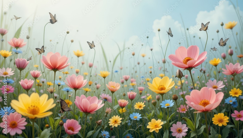 Obraz premium Butterflies and flowers nature digital artwork serene environment close-up view beauty of nature