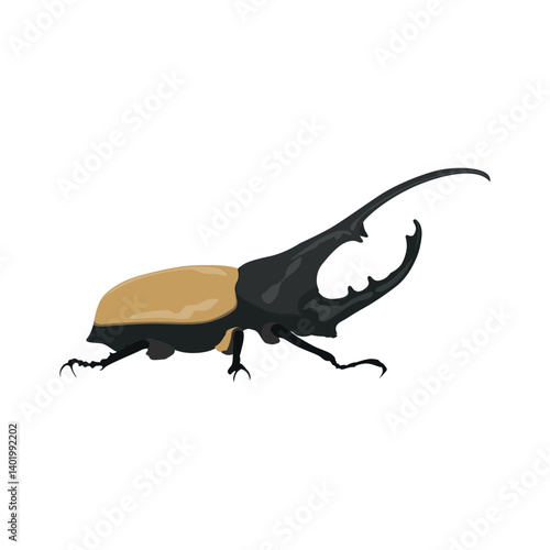 Vector illustration of hercules beetle in cartoon flat style minimalist. Black or brown beetle with detailed horns, animal insects. Perfect for entomology education and natural science materials.