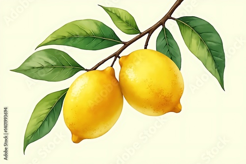 Two ripe lemons on a branch with lush green leaves vibrant yellow citrus fruits fresh and juicy