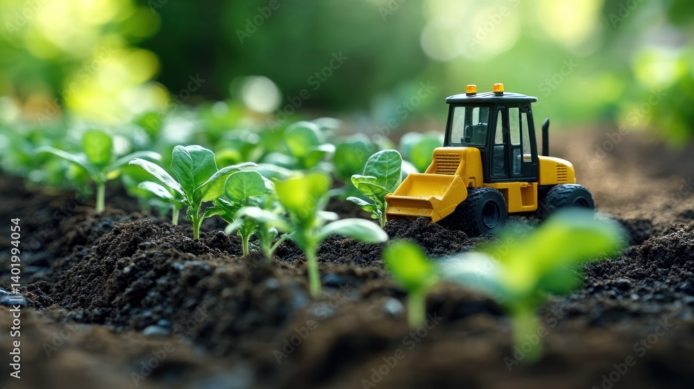 Miniature tractor working in a vegetable garden Miniature tractor working in a vegetable garden