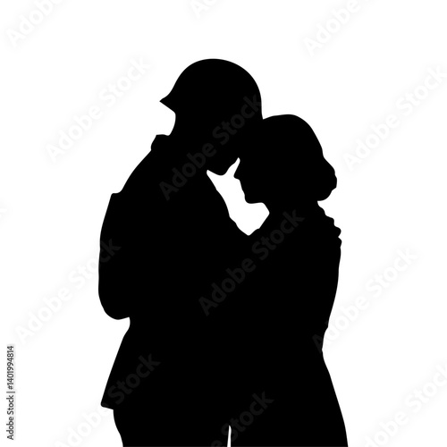 Silhouette of Soldier and Woman in Tender Embrace  Military Couple Hugging Showing Love, Comfort, Farewell, or Reunion