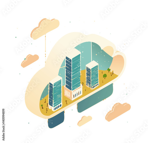 Isometric Cloud Computing Infrastructure with Modern Server Racks Inside a Blue Cloud Icon

