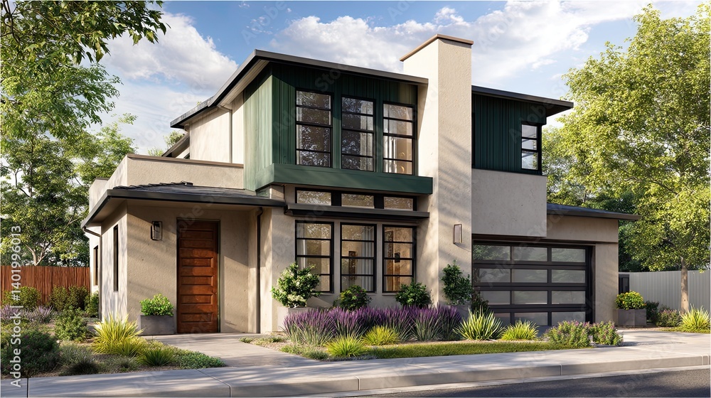 Fototapeta premium Contemporary suburban house featuring clean lines and natural light provides a versatile visual for real estate ads.