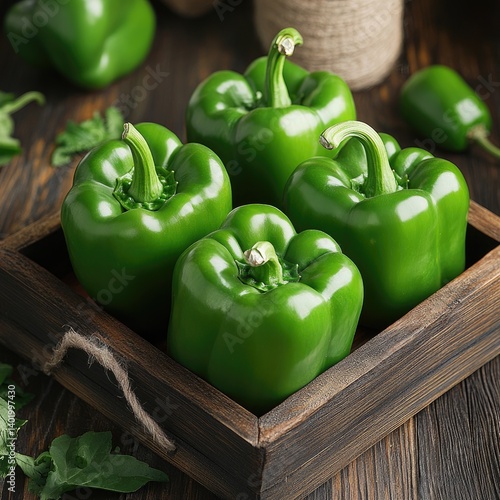 Fresh green bell peppers in a wooden tray
