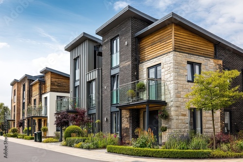 A collection of new homes in the UK with different architectural styles, including pale stone, dark brick, and wooden panels