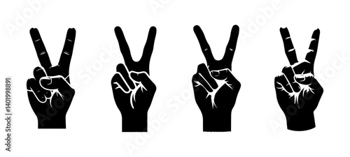 Set of four black hand silhouettes making the peace sign or V for victory gesture, isolated vector graphic icons showing different angles of the two fingers up symbol