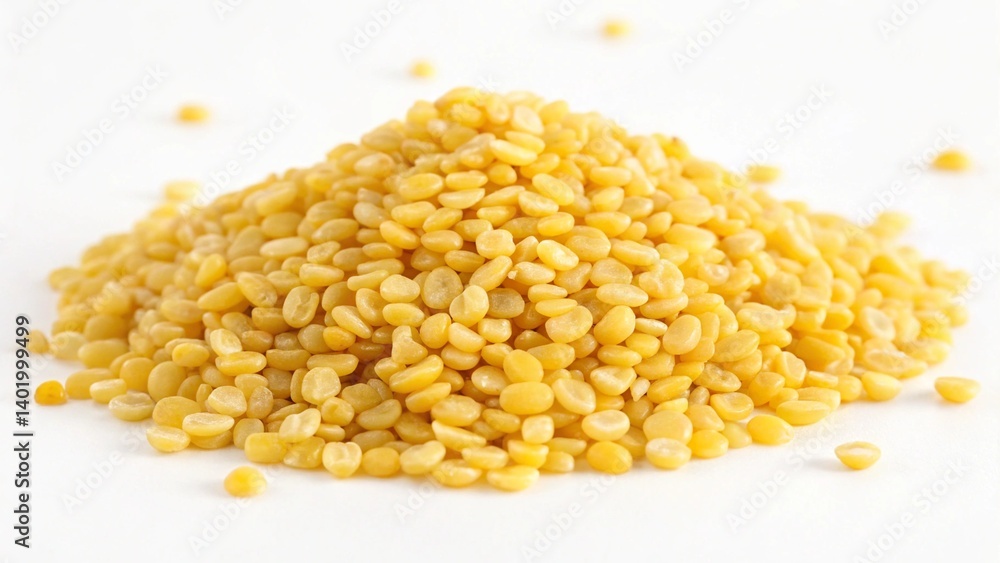 Close up shot of a pile of yellow split peas on a white surface with a few scattered around it created with generated ai Close up shot of a pile of yellow split peas on a white surface with a few scattered around it created with generated ai