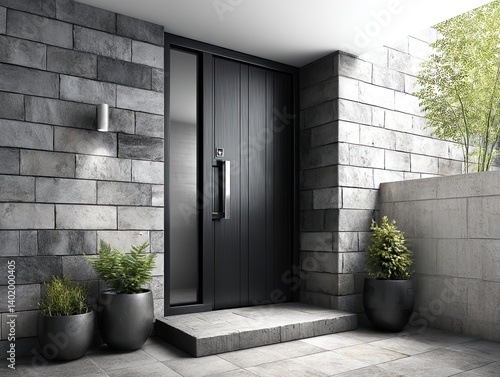 A contemporary entrance with a matte black wooden door and a soft gray stone wall