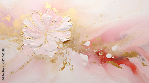 Thick paint thick strokes scraper acrylic gold white pink flowers background poster decorative painting