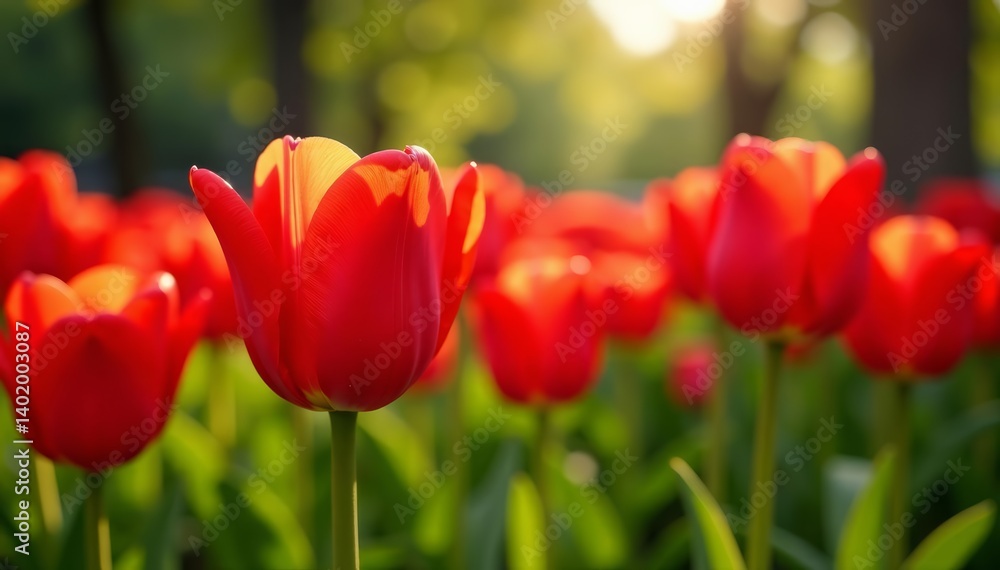 Close-up of vibrant red tulips blooming in city park, nature, park, spring Close-up of vibrant red tulips blooming in city park, nature, park, spring
