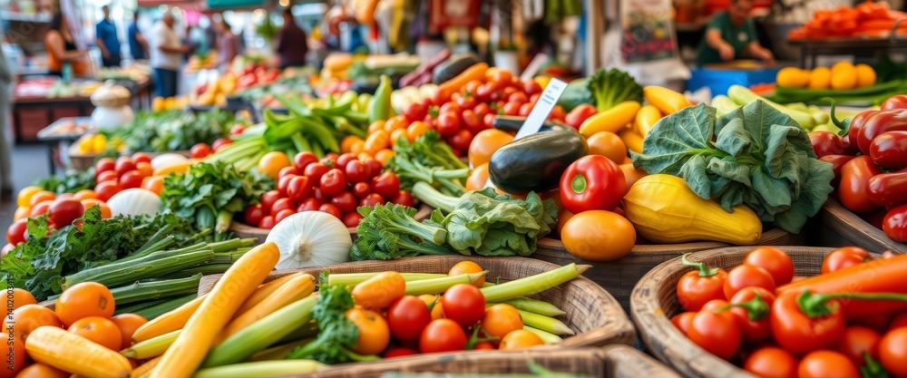 Close-up of vibrant vegetables arranged in rustic wooden trays at a bustling market, food texture, market stall Close-up of vibrant vegetables arranged in rustic wooden trays at a bustling market, food texture, market stall