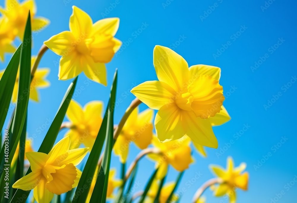 Fototapeta premium Close-up of vibrant yellow daffodils against a clear blue sky Springtime blooms, blue sky, landscape
