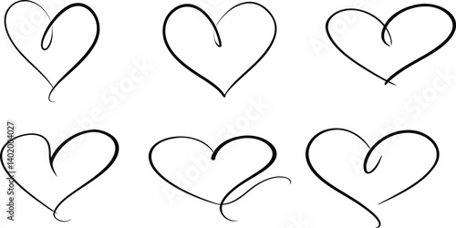 Hand-Drawn Heart Line Art Set – Minimalist Love Symbol Isolated on White Background