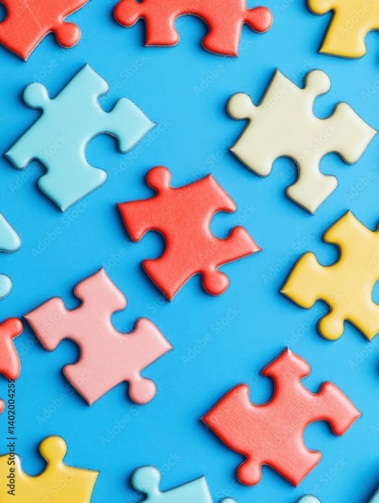 Fototapeta premium Colorful Jigsaw Puzzle Pieces on Blue Background for Creative Problem Solving