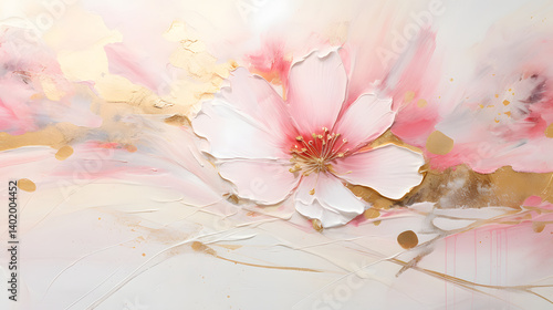 Thick paint thick strokes scraper acrylic gold white pink flowers background poster decorative painting