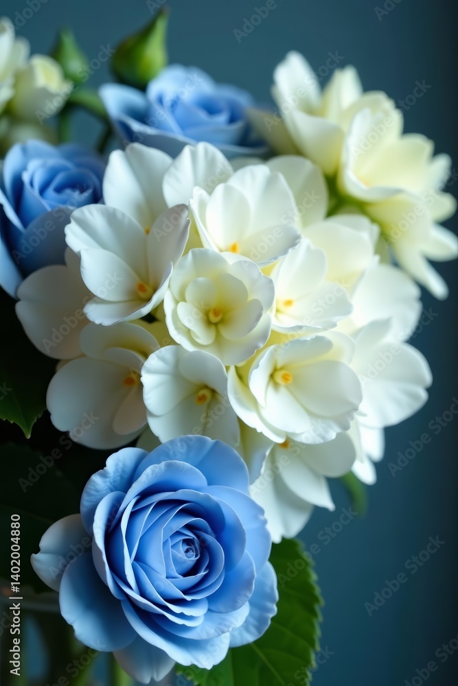 Close-up of white hydrangea and ranunculus with blue roses in soft romantic lighting, fresh, blooms Close-up of white hydrangea and ranunculus with blue roses in soft romantic lighting, fresh, blooms