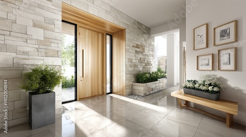 A contemporary home with a pale oak front door, light stone walls, and wooden accents throughout the entrance