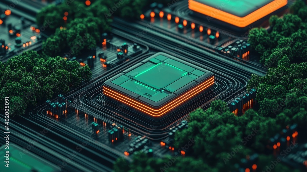 Fototapeta premium Futuristic Data Center Concept with Green Trees and Neon Lights in a High-Tech Environment