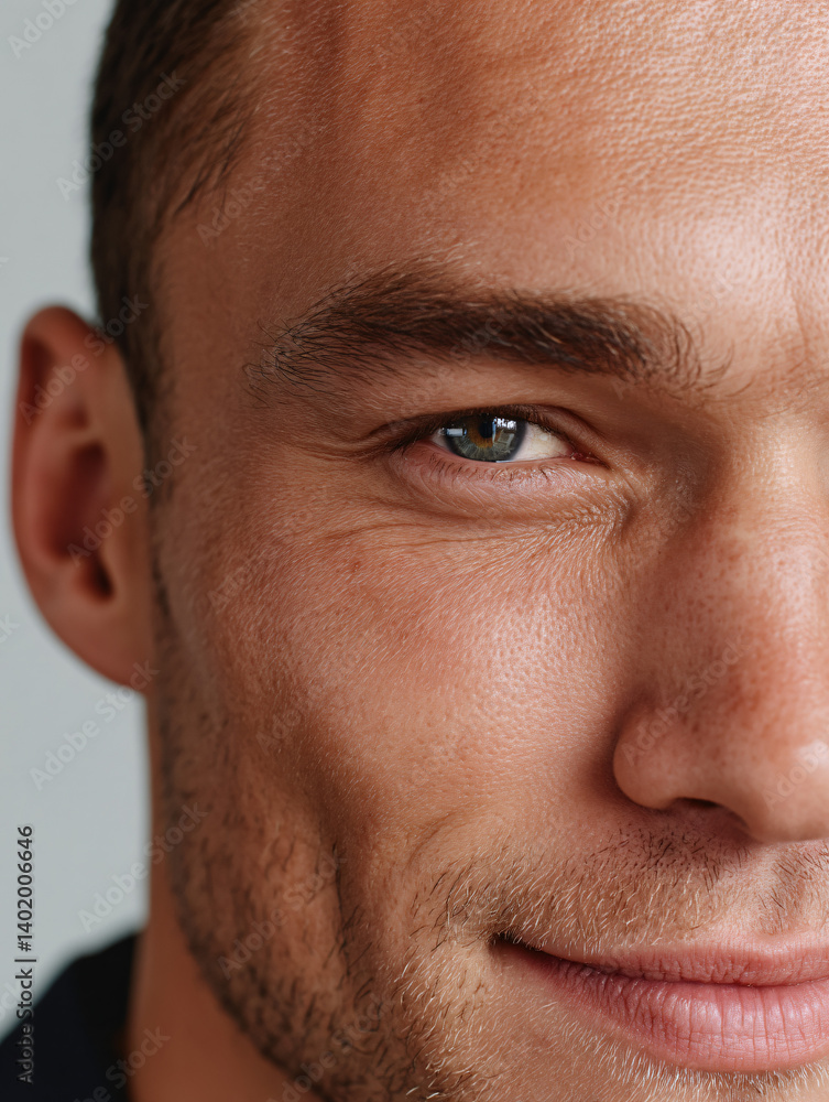 Fototapeta premium Playful Glance of a Blue-Eyed Man with Sculpted Jaw and a Hint of a Smirk – Relaxed Lighting and Soft Detail