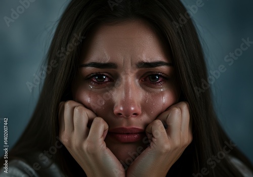 A woman with long dark hair is crying with hands on face in a close up shot with tears falling