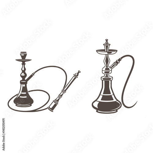 Isolated metal hookah pipe and gold chess pieces on white