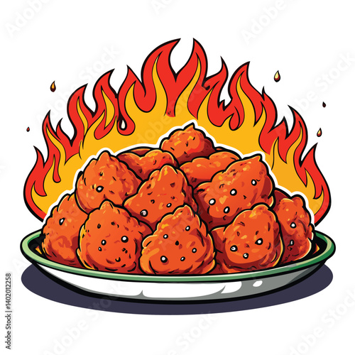Spicy Fried Food in a Dish with Flames