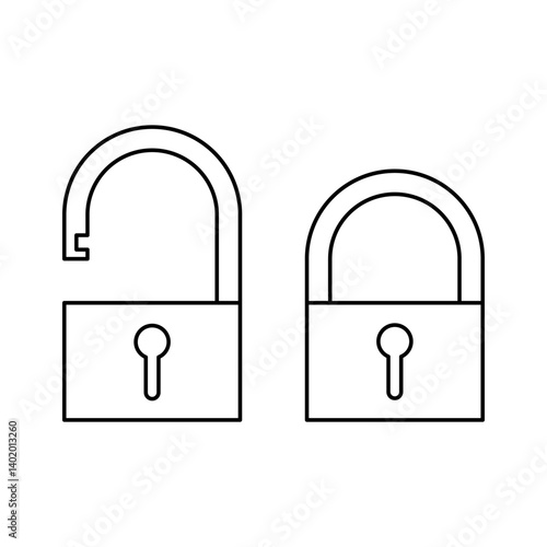 Open and locked padlock lock icon design with line art style