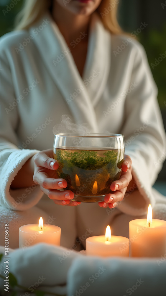 custom made wallpaper toronto digitalSpa relaxation with herbal tea. Glass cup, floating herbs, candlelight and eucalyptus steam create a luxurious wellness moment. Cool tones with gold accents.