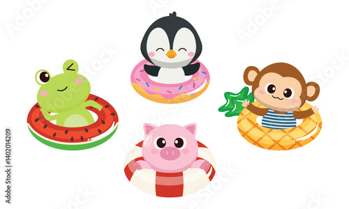 Cute animals in swimming pool floaties