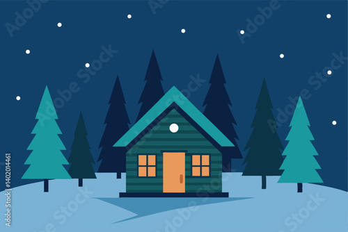 Secluded cabin in forest during snowfall vector illustration