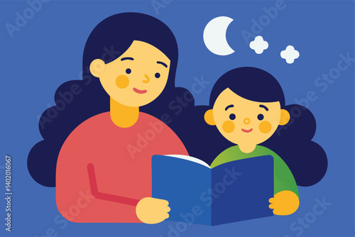 Parent reading bedtime story to child vector illustration