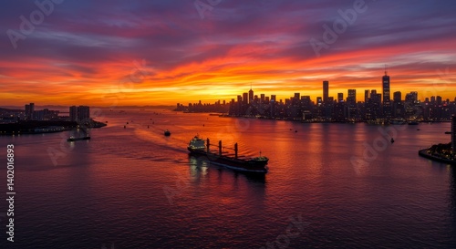 Fiery Sunset Over City Harbor with Cargo Ship - A cargo ship sails peacefully across calm waters as the sun sets