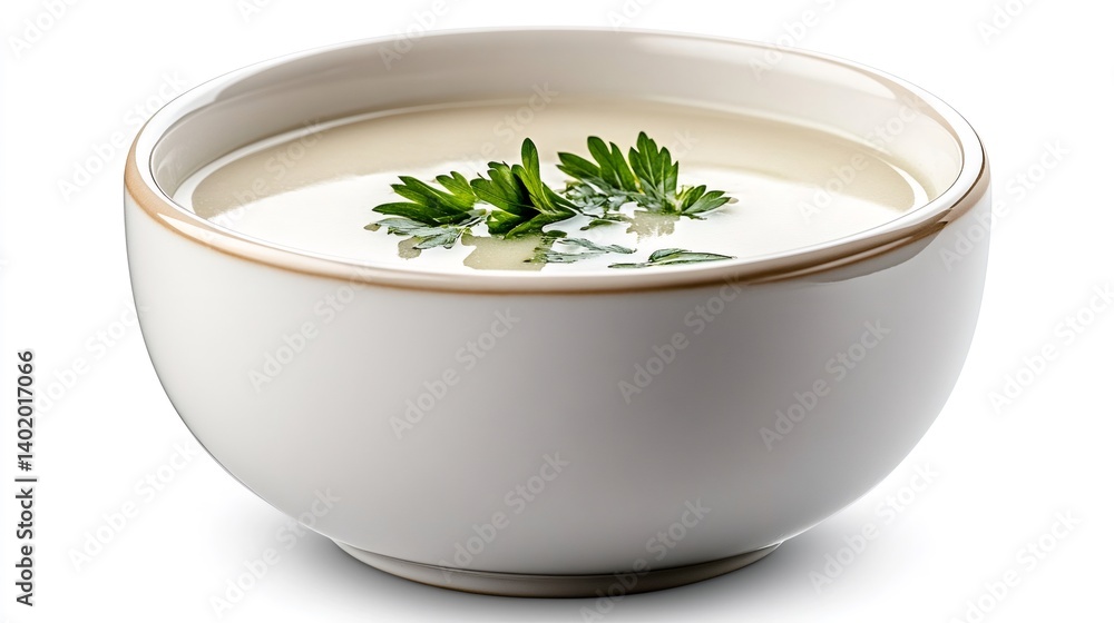 Bowl of creamy potato soup with parsley garnish on white background Bowl of creamy potato soup with parsley garnish on white background