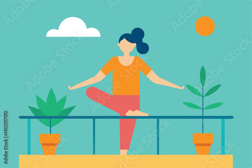 Morning yoga on balcony with plants vector illustration