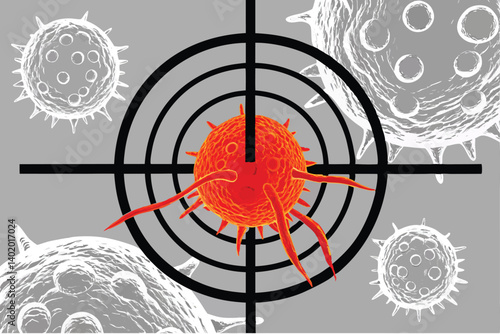 27 Medical illustration, cancer cell targeted, crosshairs overlay, microscopic view, cellular biology, orange and red tumor, grey background cells, scientific imagery, 3D rendering, high detail, drama