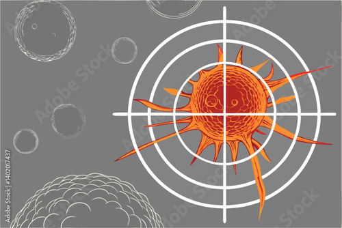 27 Medical illustration, cancer cell targeted, crosshairs overlay, microscopic view, cellular biology, orange and red tumor, grey background cells, scientific imagery, 3D rendering, high detail, drama