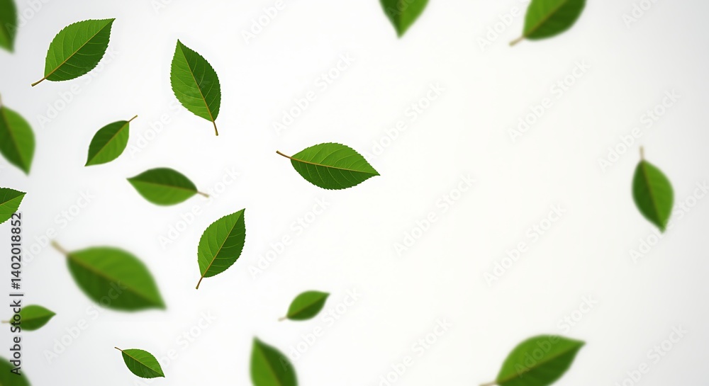 Falling Green Leaves on White Background Fresh Minimalist Concept Falling Green Leaves on White Background Fresh Minimalist Concept