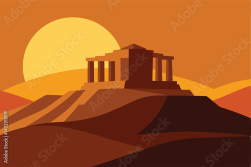 Hill with ancient ruins under golden sunset vector illustration