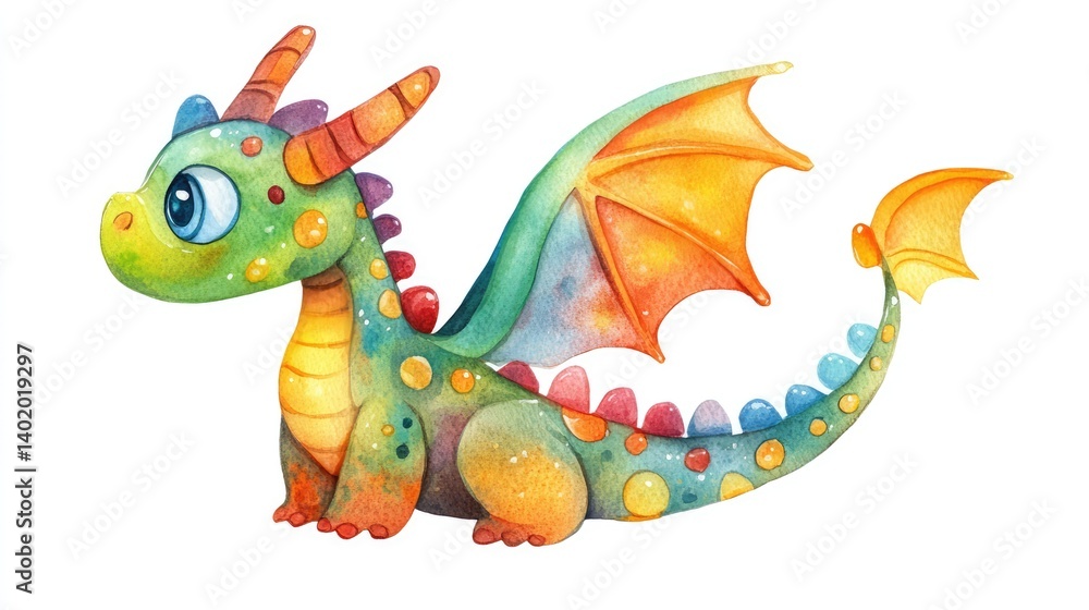 Obraz premium Colorful Cartoon Dragon with Whimsical Features and Bright Accents Watercolor