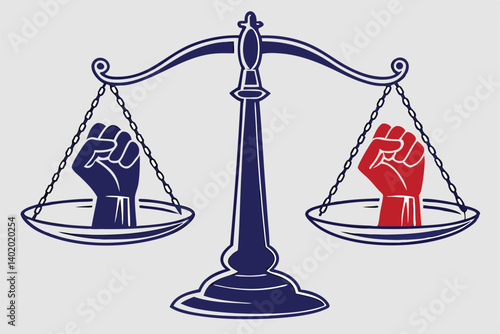 29 balance scale, justice, equality, blue and red hands, opposing forces, political divide, symmetry, contrast, metaphor, conceptual illustration, minimalist design, gray background, tension, decision