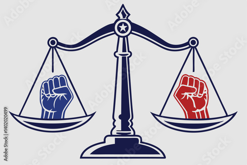29 balance scale, justice, equality, blue and red hands, opposing forces, political divide, symmetry, contrast, metaphor, conceptual illustration, minimalist design, gray background, tension, decision