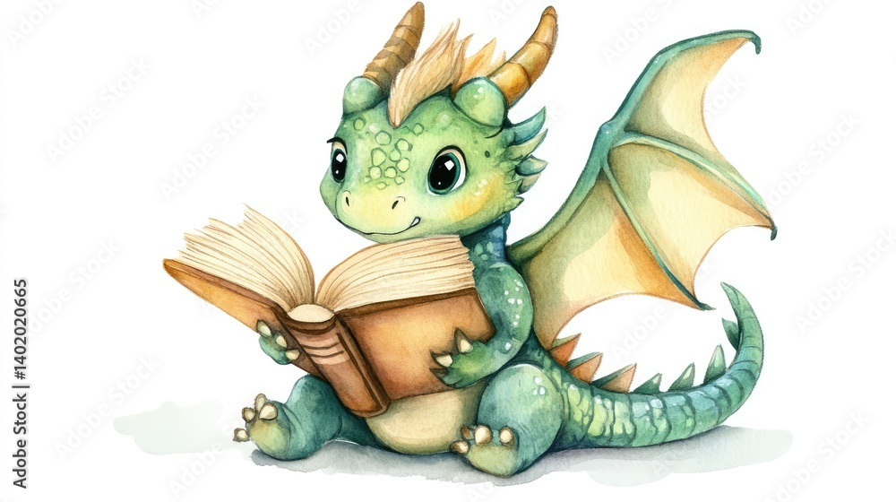 Obraz premium Cute Fantasy Dragon Reading a Book in Whimsical Illustration Style Watercolor