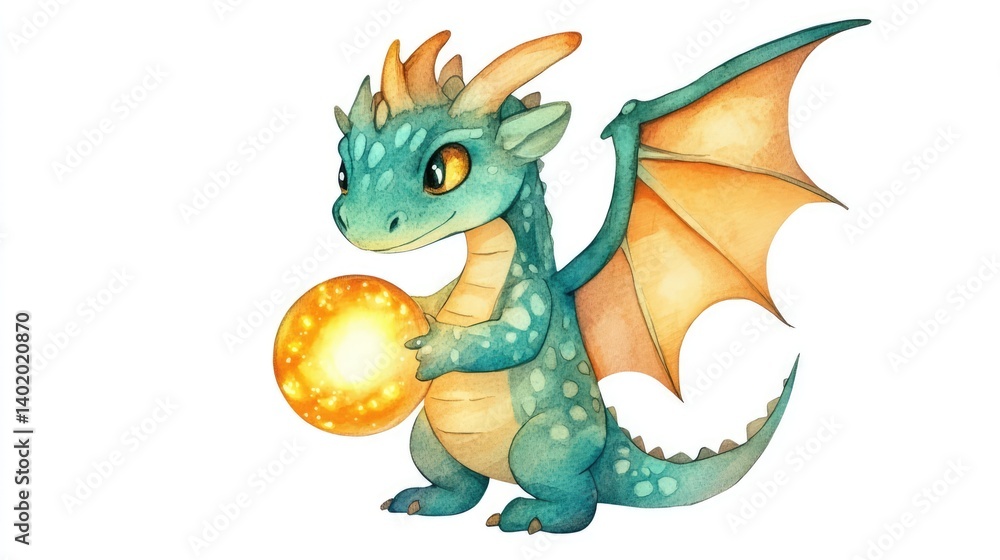 Fototapeta premium Cute Colorful Dragon Character Holding Magical Golden Sphere Watercolor