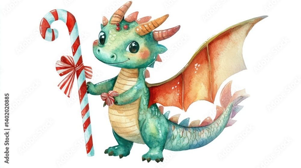 Obraz premium Adorable cartoon dragon holding a candy cane in festive design Watercolor