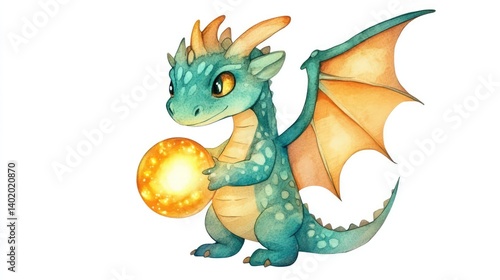 Cute Colorful Dragon Character Holding Magical Golden Sphere Watercolor
