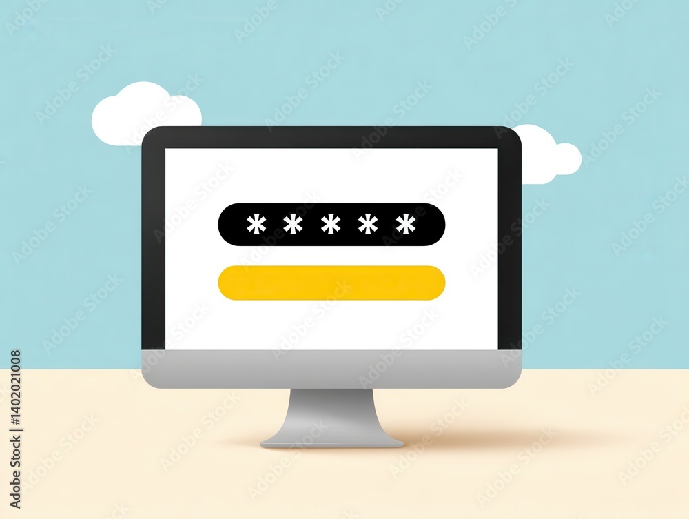 A minimalist illustration of a computer screen displaying a password input field with clouds in the background, symbolizing digital security and login processes. A minimalist illustration of a computer screen displaying a password input field with clouds in the background, symbolizing digital security and login processes.