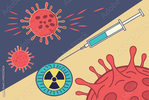 30 Medical illustration, cancer cells, radiation therapy, radioactive symbols, syringe injection, cellular biology, microscopic view, vibrant colors, red and blue contrast, scientific visualization, 3