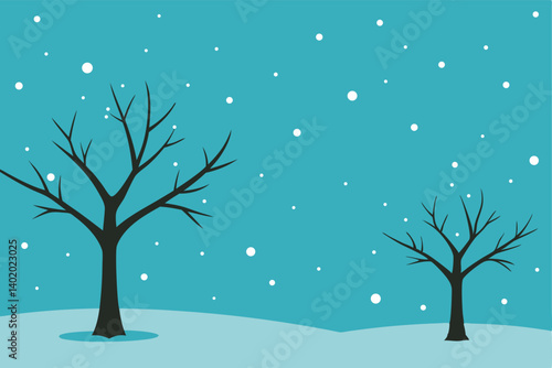 bare trees in winter field with snowflakes vector illustration